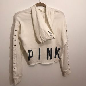 VS PINK White Cropped Lace Up Hoodie